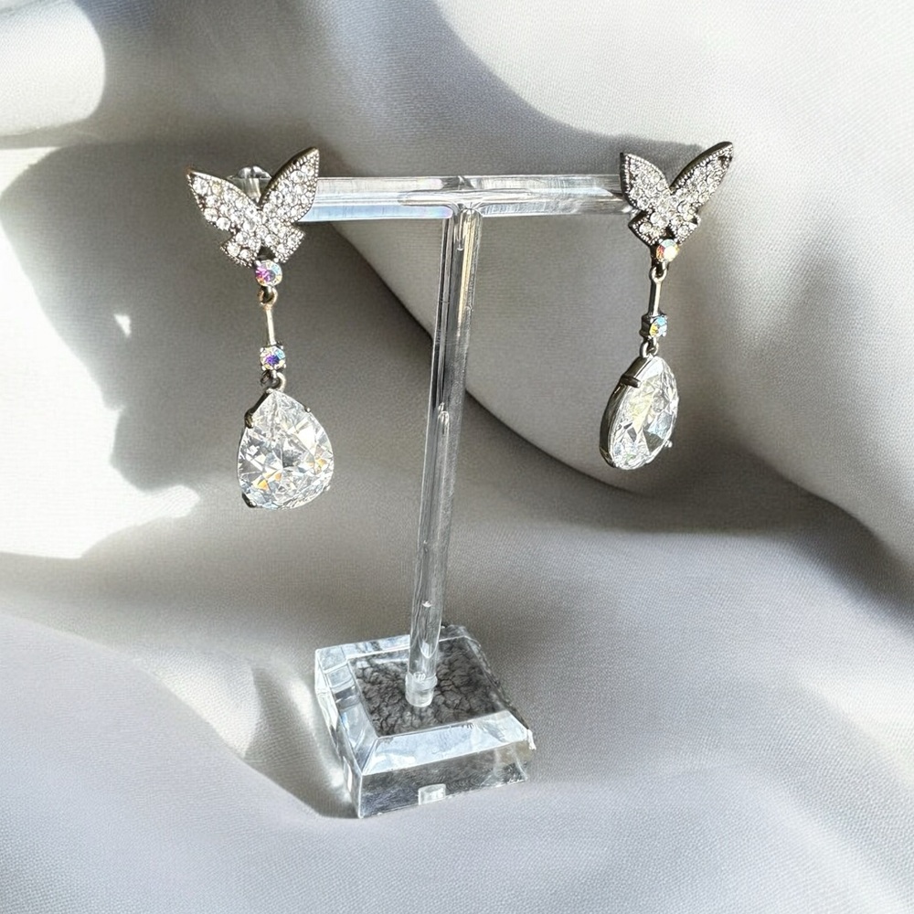 Vintage Crystal Diamond Butterfly Teardrop Earrings